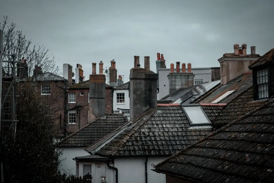 Discover the rustic charm of rooftops in Hastings, England, featuring classic chimneys and urban architecture.